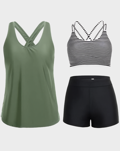 Women's 3 Piece Tankini Set with Bra Top & Boy Shorts