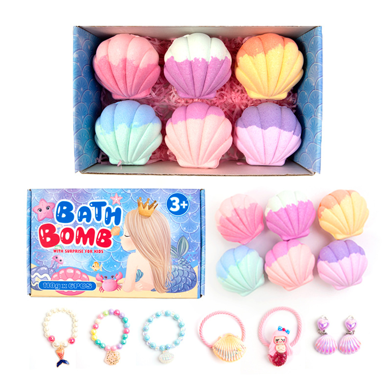 6 Packs Kids Shell Bath Bombs with Surprise Jewelry Inside