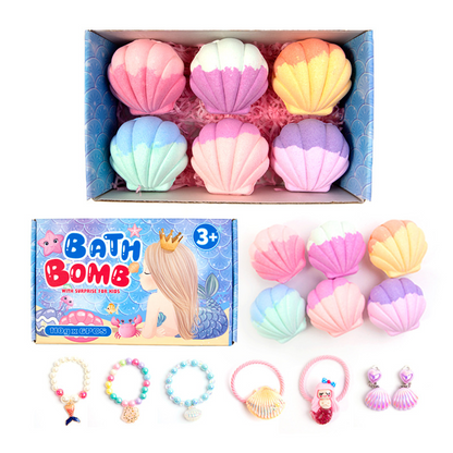 6 Packs Kids Shell Bath Bombs with Surprise Jewelry Inside